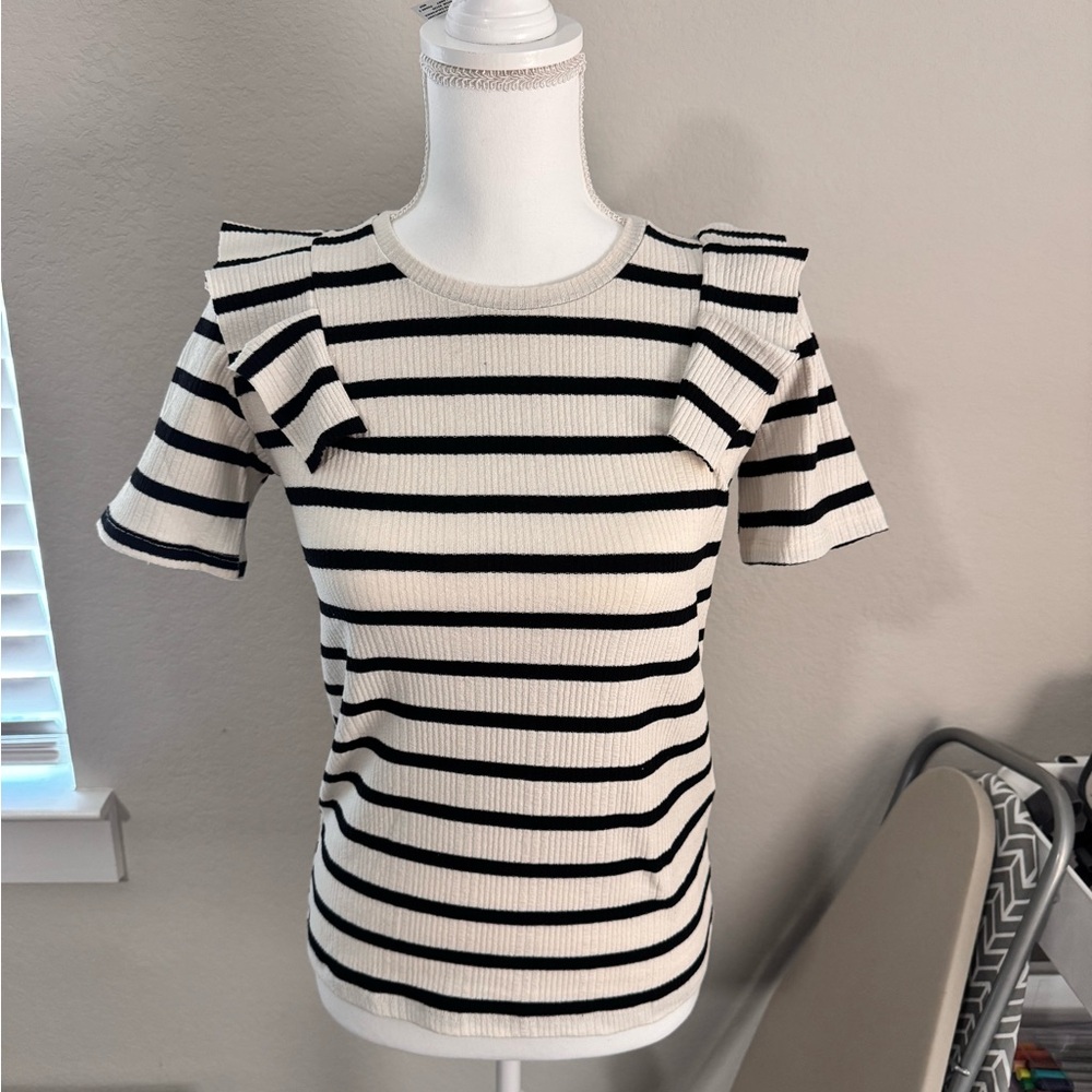 Zara Black and White Striped Short Sleeve Top